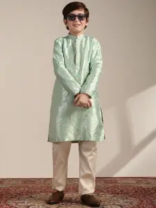 Manyavar Boys Floral Woven Design Brocade Regular Zari Raw Silk Kurta with Pyjama