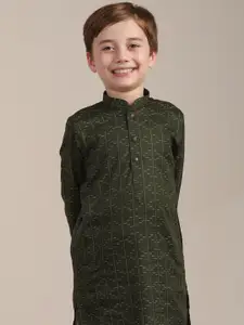 Manyavar Boys Geometric Printed  Mandarin Collar Regular Kurta with Pyjama