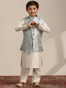Manyavar Boys Woven Design Mandarin Collar Kurta And Pyjamas With Jacket