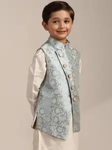 Manyavar Boys Mandarin Collar Brocade Kurta with Pyjamas and Woven Design Nehru jacket