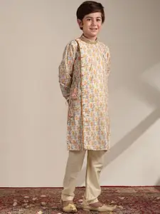 Manyavar Boys Paisley Printed Angrakha Thread Work Kurta with Pyjama