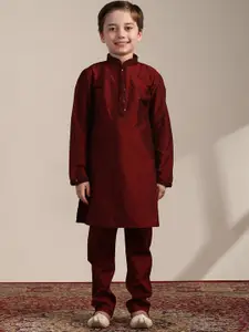 Manyavar Boys Mandarin Collar Straight Kurta with Pyjamas & Nehru jacket