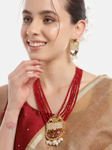 Anouk Women Gold-Plated Kundan & Pearl Studded Layered Necklace with Earrings