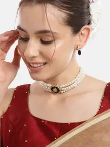 Anouk Women Gold-Plated Pearl Studded Choker Necklace with Earrings