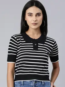 SHOWOFF Striped Polo Collar Acrylic Crop T-shirt