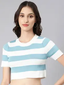SHOWOFF Striped Round Neck Casual Crop Top