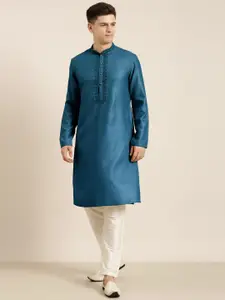TheEthnic.Co Mandarin Collar Long Sleeves Thread Work Cotton Kurta