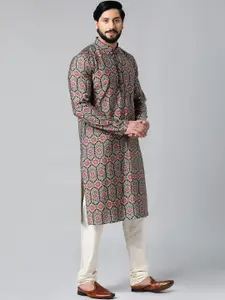 TheEthnic.Co Sanganeri Printed Mandarin Collar Long Sleeves Cotton Kurta