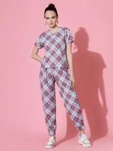 Oomph! Women Checked Round Neck T-shirt And Joggers Co-Ords Set