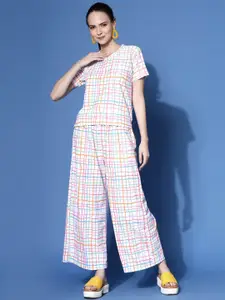 Oomph! Women Checked Round Neck T-shirt And Wide Leg Trousers Co-Ords Set