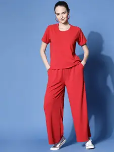 Oomph! Solid Round Neck T-shirt And Trousers Co-Ords