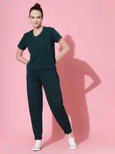 Oomph! Women Solid Round Neck T-shirt And Joggers Co-Ords Set