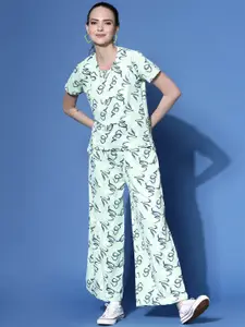 Oomph! Women Printed Round Neck T-shirt And Wide Leg Trousers Co-Ords Set