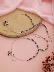 Saraf RS Jewellery Set Of 2 Rhodium-Plated Stone-Studded Anklets