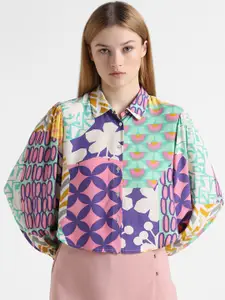 ONLY Onlvision Geo LS Floral Printed Puff Sleeves Spread Collar Casual Shirt