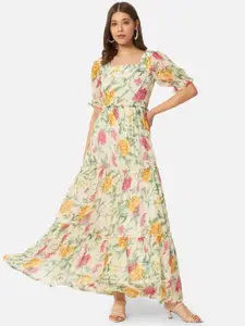 BAESD Floral Printed Square Neck Puffed Sleeves Georgette Fit and Flare Maxi Dress