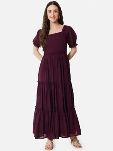 BAESD Square Neck Puffed Sleeves Georgette Fit & Flare Maxi Tiered Dress