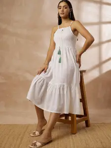 all about you White Striped Sleeveless Smoked Tiered Cotton Fit and Flare Dress