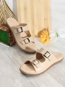 DressBerry Cream-Coloured Buckled Double Straps Open Toe Flats