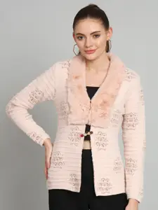 BROOWL Floral Self Design Woollen Button Shrug