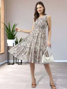 BAESD Floral Printed Round Smocked Georgette A-Line Midi Dress