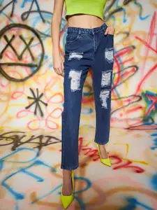 KASSUALLY Women Blue Straight Fit Highly Distressed Cotton Comfort Jeans