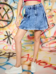 KASSUALLY Inverted Box Pleated Denim Straight Mini Skirt