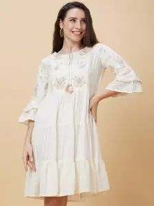 Globus Off White Floral Embroidered Bell Sleeve Gathered Tiered Cotton Fit & Flare Dress