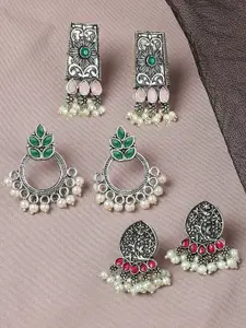 OOMPH Set Of 3 Floral Oxidised Jhumkas