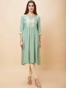 Globus Ethnic Motifs Printed Foil Printed Round Neck A-line Kurta