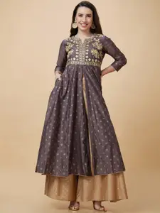 Globus Floral Embroidered Foil Printed Round Neck A-Line Kurta