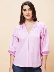 Globus Pink Gathered Detailed V-Neck Puff Sleeve Pure Cotton Top
