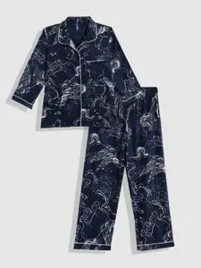 YK Girls Navy Blue Printed Night suit