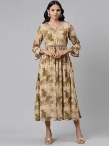 Neerus Floral Printed Bell Sleeve Empire Midi Dress