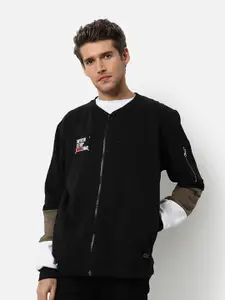 Campus Sutra Men Black Cotton Front-Open Sweatshirt