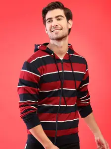 Campus Sutra Striped Hooded Sweatshirt