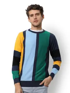 Campus Sutra Green & Blue Colourblocked Knitted Pullover Sweaters