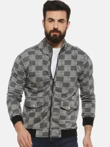 Campus Sutra Grey Checked Stand Collar Windcheater Bomber Jacket