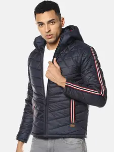 Campus Sutra Blue Windcheater Hooded Quilted Jacket