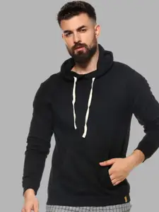 Campus Sutra Black Hooded Cotton Pullover