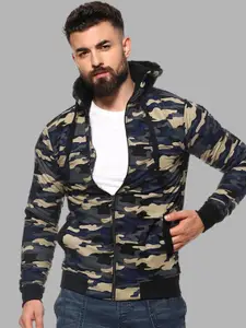 Campus Sutra Navy Blue & Beige Camouflage Windcheater Hooded Cotton Bomber Jacket