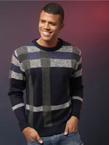 Campus Sutra Checked Ribbed Woollen Pullover