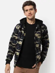 Campus Sutra Navy Blue & Beige Camouflage Windcheater Hooded Cotton Bomber Jacket