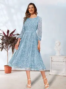 BAESD Floral Printed Puff Sleeves Gathered Detailed Fit & Flare Midi Dress