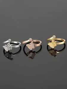 VIEN Set Of 3 Matte Butterfly CZ-Studded Adjustable Rings