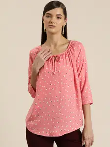 Qurvii Floral Print Tie-Up Neck Crepe Shirt Style Longline Top