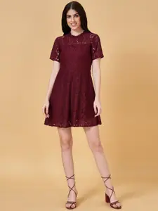 People Maroon Self Design High Neck Fit & Flare Dress