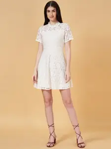 People Off White Self Design High Neck Fit & Flare Dress