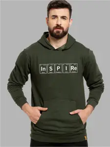 Campus Sutra Men Green Printed Hooded Cotton Pullover Sweatshirt