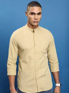 HIGHLANDER Beige Slim Fit Band Collar Cotton Casual Shirt